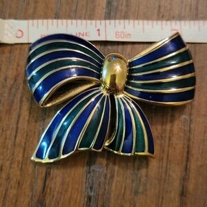 Vintage 80's Blue & Green Enameled Bow Brooch
